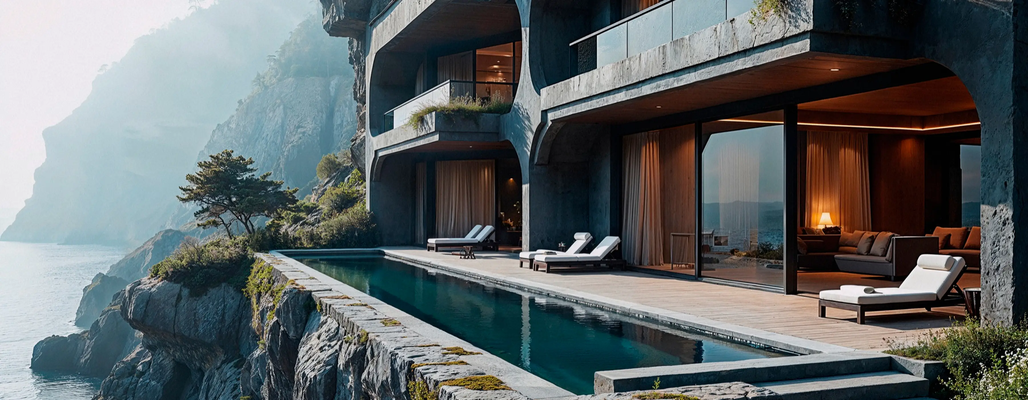 Modern house built into a rocky cliff with a long infinity pool and white lounge chairs overlooking a misty coastal landscape.
