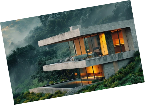 Modern two-story concrete house with large windows and illuminated interiors, set on a hillside surrounded by lush greenery and mist.