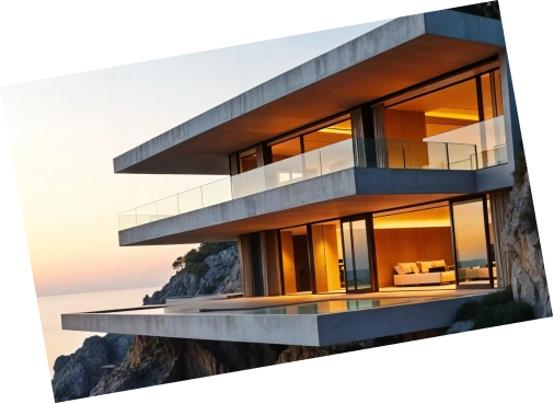Modern multi-level house with large glass windows and balconies perched on rocky cliffs at sunset.