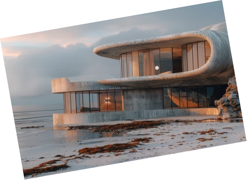 Modern concrete house with large glass windows overlooking a beach at sunset.